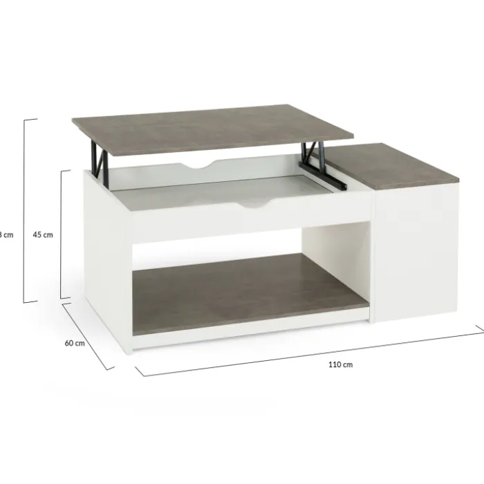 Table de salon avec plateau relevable effet béton et bois blanc