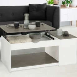 Table de salon avec plateau relevable effet béton et bois blanc