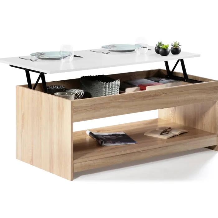 Table de salon avec plateau relevable imitation hêtre plateau blanc