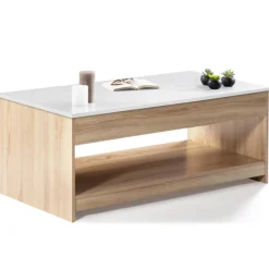 Table de salon avec plateau relevable imitation hêtre plateau blanc