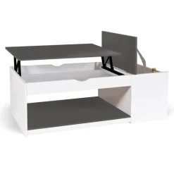 Table de salon avec plateau relevable et coffre bois blanc et plateau gris