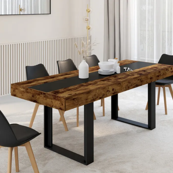 Table extensible 4 à 8 personnes bois effet vieilli et noir