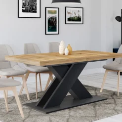 Table extensible rectangulaire bois et noir 6 à 10 personnes avec pied noir en X