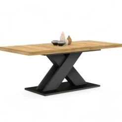 Table extensible rectangulaire bois et noir 6 à 10 personnes avec pied noir en X