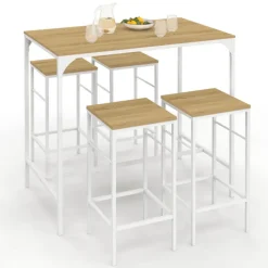 Table haute avec 4 tabourets métal blanc et bois style industriel