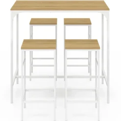Table haute avec 4 tabourets métal blanc et bois style industriel
