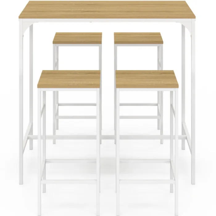 Table haute avec 4 tabourets métal blanc et bois style industriel