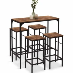 Table haute avec 4 tabourets bois effet vieilli