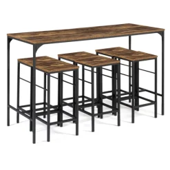 Table haute avec 6 tabourets bois effet vieilli
