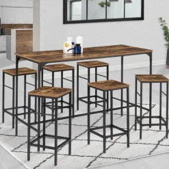 Table haute avec 6 tabourets bois effet vieilli