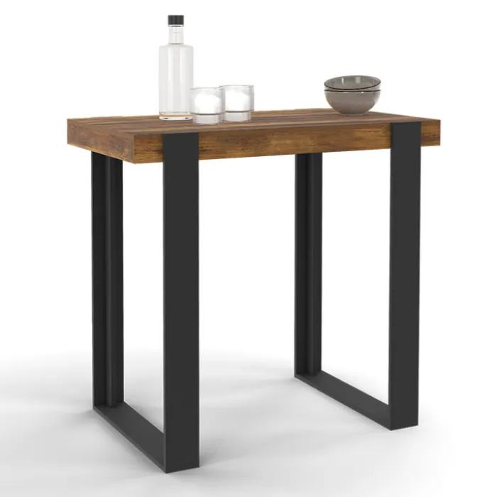 Table haute de bar bois foncé effet vieilli et noir 90 cm