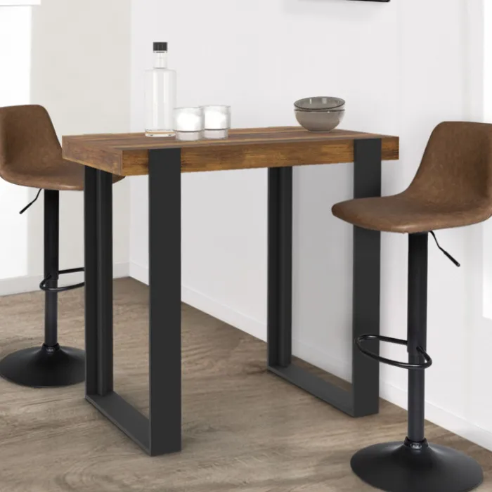Table haute de bar bois foncé effet vieilli et noir 90 cm