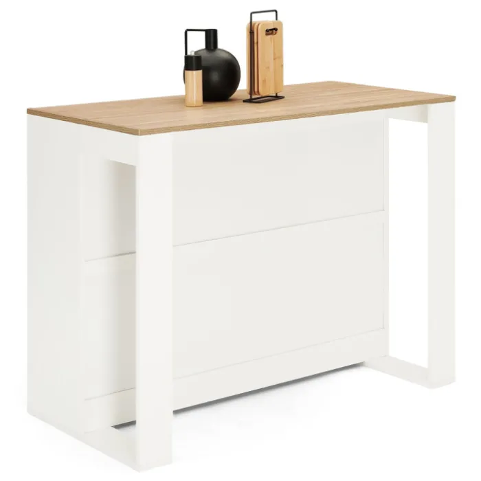 Table haute îlot de cuisine blanche et bois