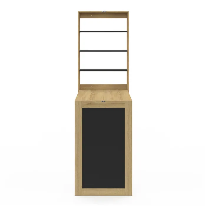 Table murale pliable MACCHIA avec étagères et tableau craie 2 personnes bois et noir