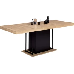 Table pied central extensible noir et bois façon hêtre