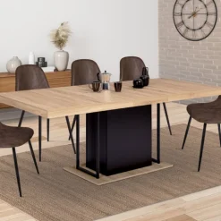 Table pied central extensible noir et bois façon hêtre