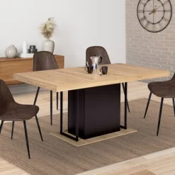 Table pied central extensible noir et bois façon hêtre