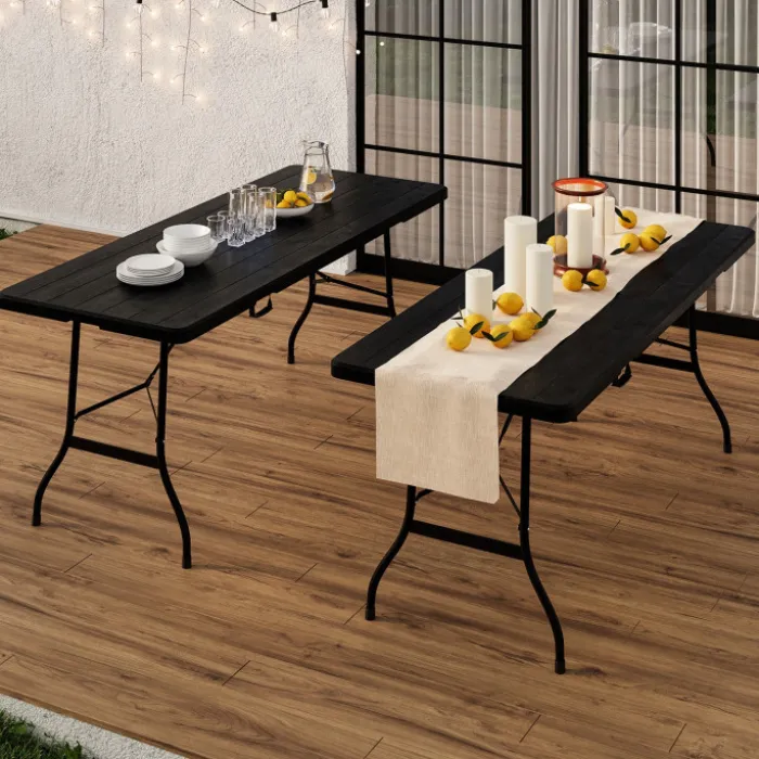 Table pliante d appoint portable 180 cm pour camping ou réception imitation bois noir