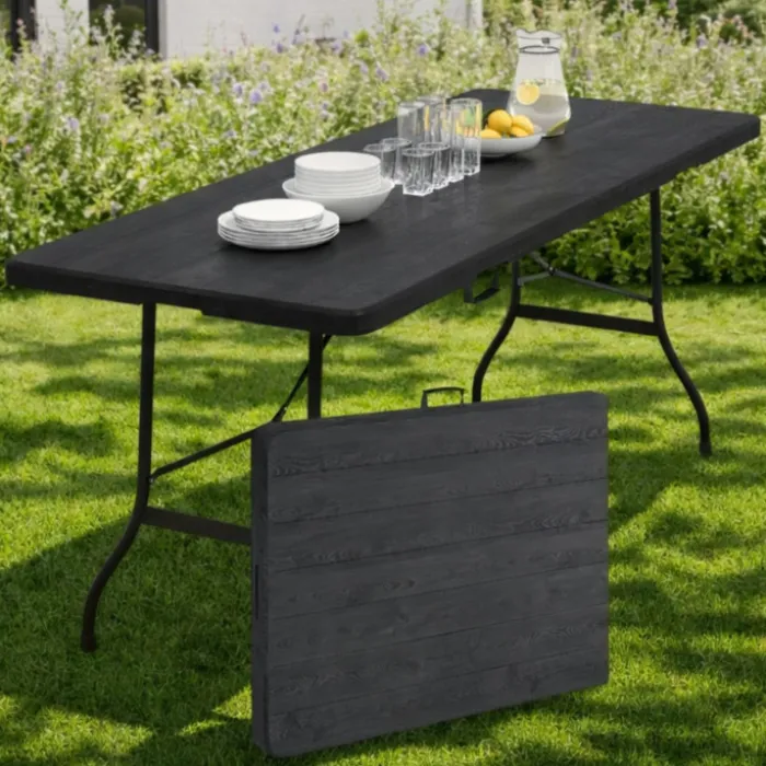 Table pliante d appoint portable 180 cm pour camping ou réception imitation bois noir