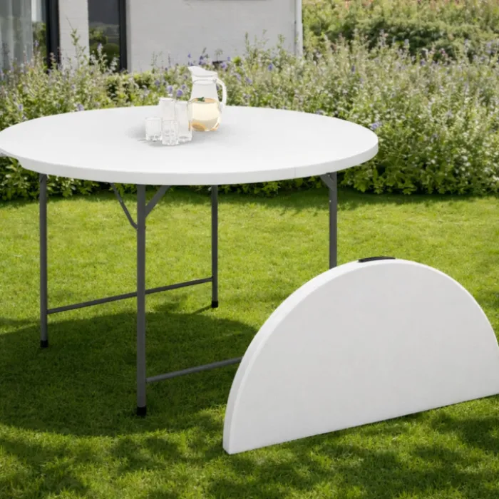 Table pliante d'appoint portable ronde 122 cm camping ou réception avec housse blanche