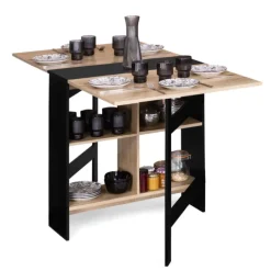 Table pliante noire plateau bois avec double rangement central