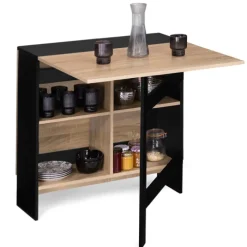 Table pliante noire plateau bois avec double rangement central