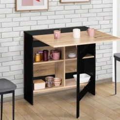 Table pliante noire plateau bois avec double rangement central