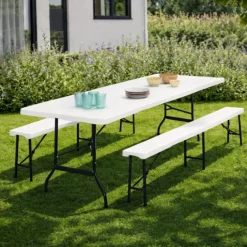Table pliante portable blanche 1m80 et 2 bancs pliables