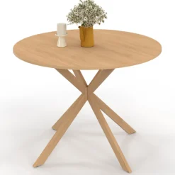 Table ronde 110 cm pour 6 personnes bois effet hêtre avec pied araignée