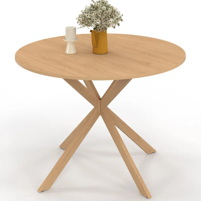 Table ronde 110 cm pour 6 personnes bois effet hêtre avec pied araignée