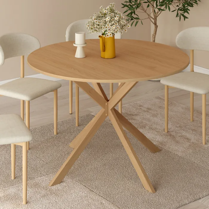 Table ronde 110 cm pour 6 personnes bois effet hêtre avec pied araignée