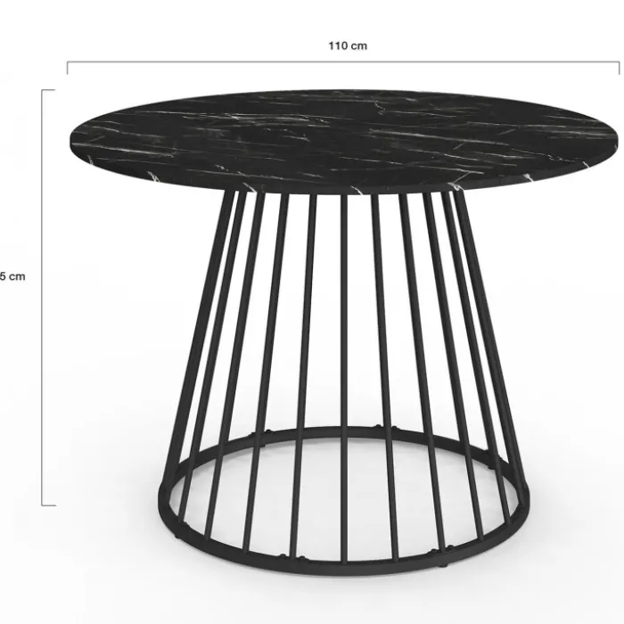 Table ronde à manger 110cm 6 personnes plateau effet marbre noir et pied filaire métal noir