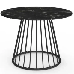 Table ronde à manger 110cm 6 personnes plateau effet marbre noir et pied filaire métal noir