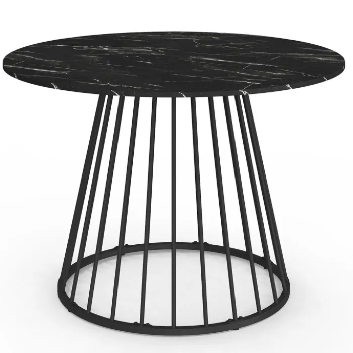 Table ronde à manger 110cm 6 personnes plateau effet marbre noir et pied filaire métal noir