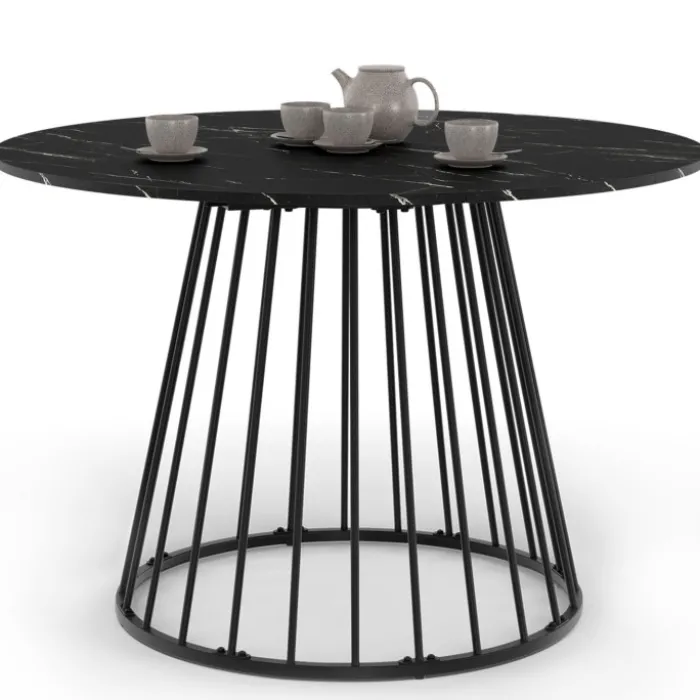 Table ronde à manger 110cm 6 personnes plateau effet marbre noir et pied filaire métal noir