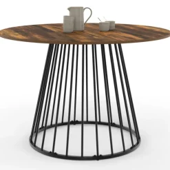 Table ronde à manger 110cm 6 personnes plateau bois foncé et pied filaire métal noir