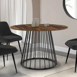 Table ronde à manger 110cm 6 personnes plateau bois foncé et pied filaire métal noir