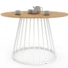 Table ronde à manger 110cm 6 personnes plateau bois et pied filaire métal blanc