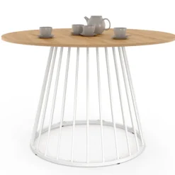 Table ronde à manger 110cm 6 personnes plateau bois et pied filaire métal blanc