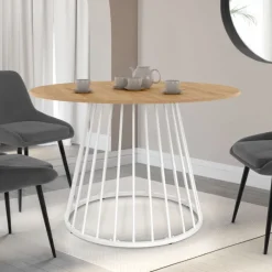 Table ronde à manger 110cm 6 personnes plateau bois et pied filaire métal blanc