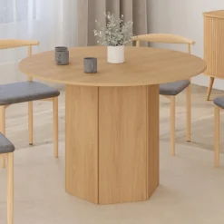 Table ronde 6 personnes bois effet hêtre 110 cm pied hexagonal