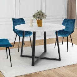 Table ronde extensible 110-150 cm 4-8 personnes effet marbre blanc et pieds noirs