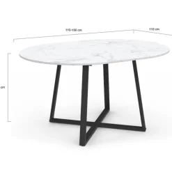 Table ronde extensible 110-150 cm 4-8 personnes effet marbre blanc et pieds noirs