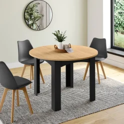 Table ronde extensible 4-10 personnes 110-200 cm avec plateau façon hêtre et pieds noirs