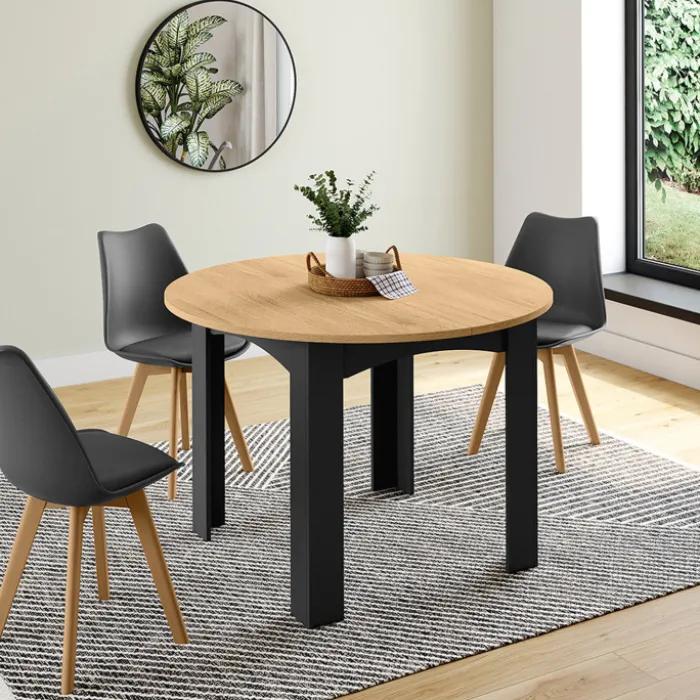 Table ronde extensible 4-10 personnes 110-200 cm avec plateau façon hêtre et pieds noirs
