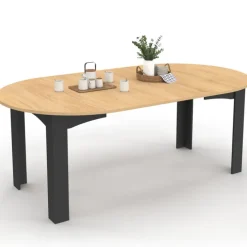 Table ronde extensible 4-10 personnes 110-200 cm avec plateau façon hêtre et pieds noirs