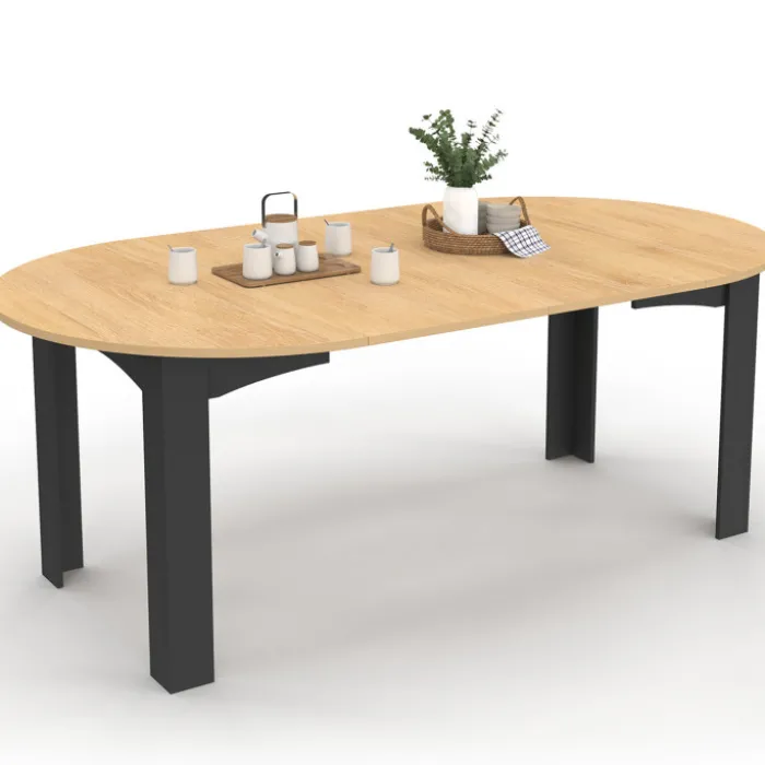 Table ronde extensible 4-10 personnes 110-200 cm avec plateau façon hêtre et pieds noirs