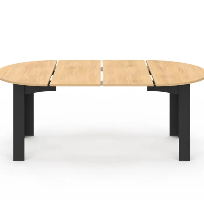 Table ronde extensible 4-10 personnes 110-200 cm avec plateau façon hêtre et pieds noirs