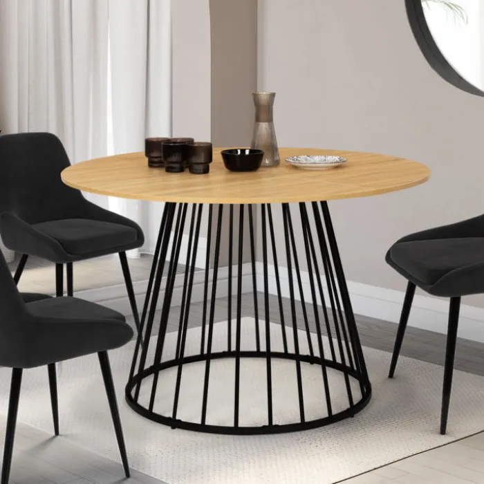 Table ronde pied filaire bois et noir 6 personnes
