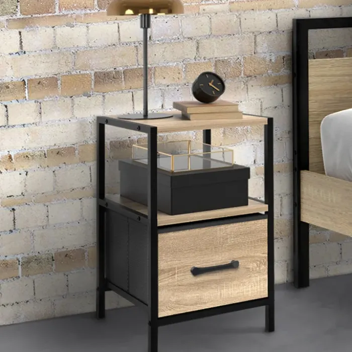 Tables de chevet avec 1 tiroir en tissu et 1 niche : lot de 2